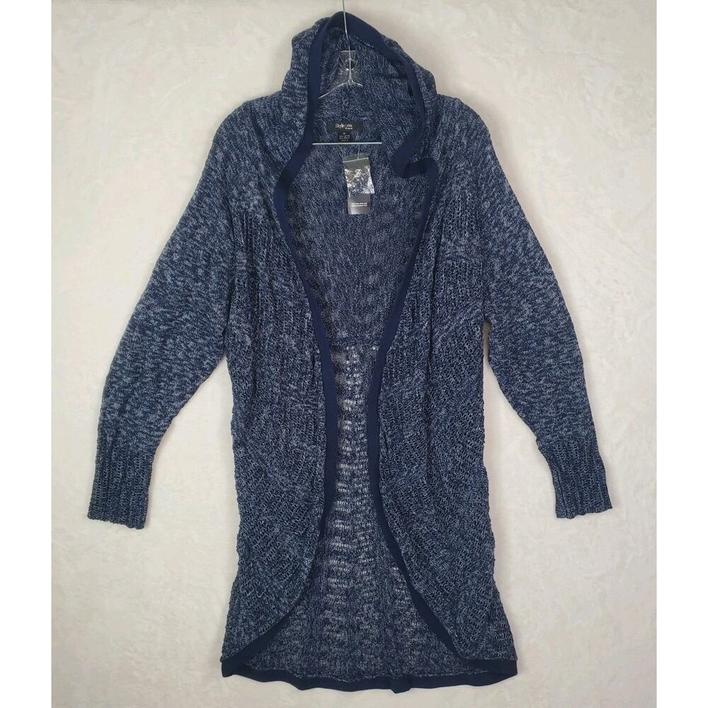 Style & Co Womens Hooded Open Front Cardigan Sz 1X Indigo Blue Retro Refresh